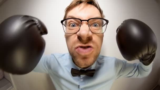 Portrait Fisheye d'un homme énervé avec des gants de boxe posant à la caméra. — Video