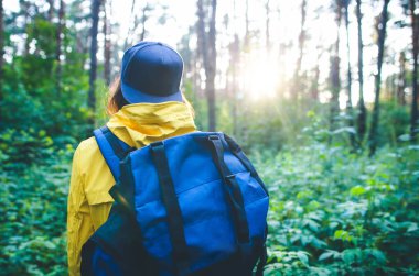 Back view of traveler hipster girl with backpack walking in the forest. Tourism, traveling, hiking and healthy lifestyle concept.