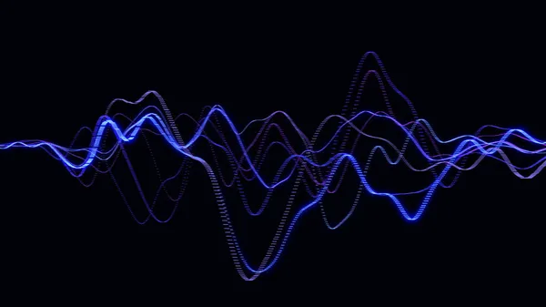 带圆点的蓝色动态乐波。音频数字均衡器技术。在黑暗的背景上发出电磁波.3d渲染 — 图库照片