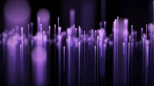 Lichtstrahlen fallen herunter. Abstrakte Fiberoptik-Stäbe mit violetten Kreisen. Neon-Technologie fließt. Unscharfer Bokeh-Hintergrund. 3D-Darstellung. — Stockfoto