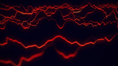 Noktalı soyut kırmızı dinamik müzik dalgası. Ses dijital dengeleyici teknolojisi. Karanlık arka planda parlayan elektrik dalgaları. 3d oluşturma