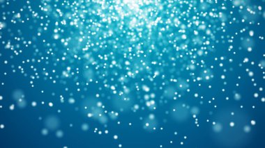 Soyut bokeh açık mavi arkaplan. Odaklanamayan parlak noktalı lüks arka kapak. Bulanık parıltı yanıp sönen yıldızlar ve kıvılcımlar. 3D görüntüleme. Güneş ışığında parlayan kar..