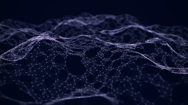 선 과 점으로 네트워크 개념. 추상적 인 연결 점 과 선입니다. 추상적 인 연결 점 과 선에 대한 개념입니다. 짙은 자주색 배경에 나타나는 입자들의 물결. — 스톡 사진