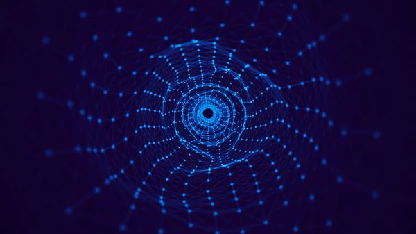 抽象的なワイヤーフレームトンネル。未来的なワームホールだ。点と点を結ぶ空間背景。青のトンネルグリッド。3Dレンダリング. — ストック写真