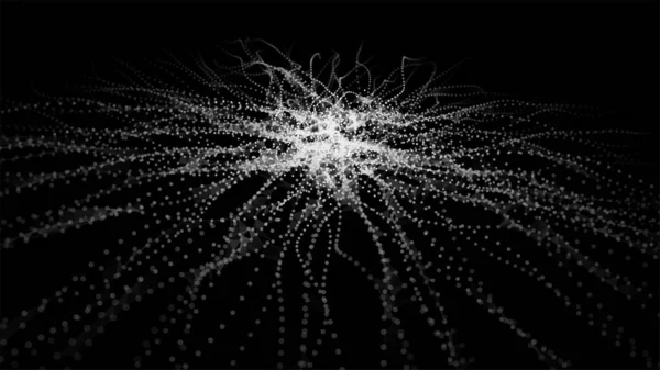 Dynamic centric particles wave.Big data visualization 3D. White dots on black background. Vector illustration. — Stok Vektör