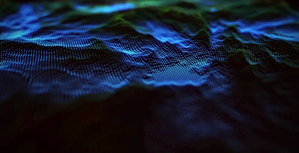 Modrá Zelená Dynamická Vlna Částic Vyražená Síťovina Představující Připojení Internetu — Stock fotografie