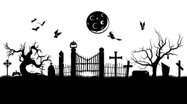 Mobile Creepy mezarlığının silueti. Kara Cadılar Bayramı korku manzarası. Ürkütücü mezarlık panoraması. Mezar taşlarının, haçların ve mezar taşlarının siyah siluetleri. Vektör kabusu illüstrasyonu