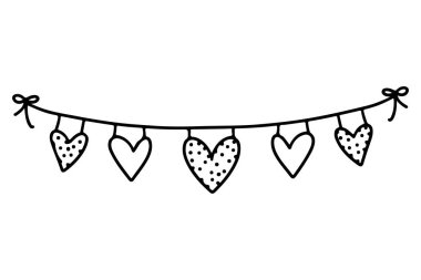 Elle çizilmiş kalpler. Kara kiraz kalpler karalama tarzında. Doğum günü dekorasyon kurdeleleri ayarlandı.