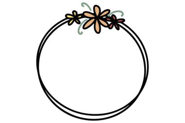 Yapraklı yuvarlak çelenk. Çiçeklerle el çizimi çerçeve. Doodle tarzı.