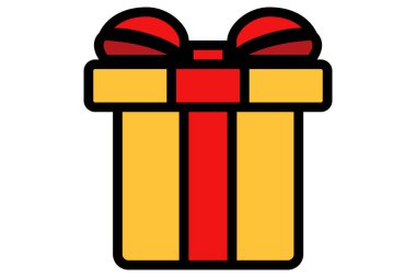 Hediye kutusu düz. Kırmızı kurdeleli sarı kutu. Düz bir hediye. Çizgi film doğum günü hediyesi.