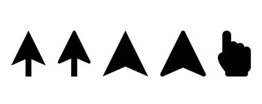 İmleç simgeleri ayarlandı. Siyahlı bilgisayar imleci. Fare işaretçisinin kabartması. İşaretli fare ve sağlam el..