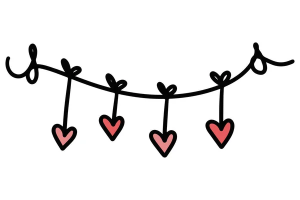 Hand Drawn Hanging Heart Flags Romantic Symbol Heart Doodle Style — Stock Vector
