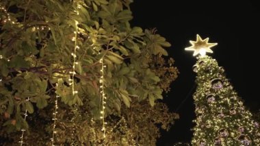 Altın yıldızla süslenmiş Noel ağacı ve arka planda bokeh ışıkları olan altın top..