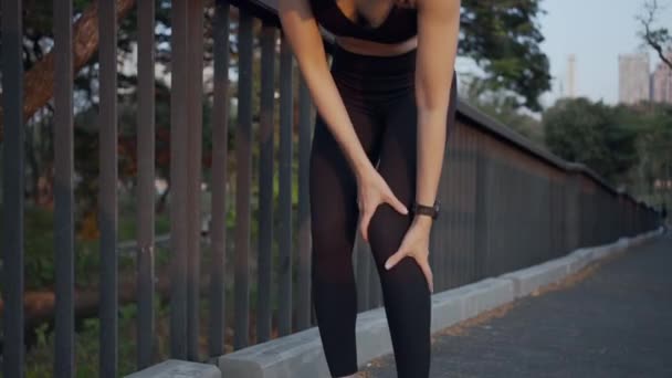 Mulher Esporte Com Lesão Dolorosa Joelho Durante Exercício Corrida Parque — Vídeo de Stock