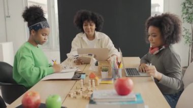 Afrika kökenli Amerikalı öğrencilerin ve öğretmenlerin birlikte aktiviteler yaptığı bir sınıf. Öğretmen çocuklara çeşitli öğretiyor, rehberlik ediyor ve onlarla konuşuyor..