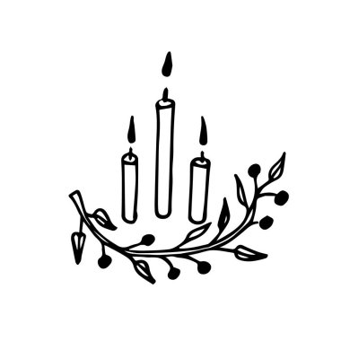 Noel dalında yanan üç mumun el çizimi. Beyaz arkaplandaki Doodle Noel illüstrasyonu izole