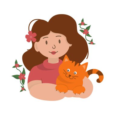 Pembe tişörtlü bir kız kollarında kırmızı bir kedi tutuyor. Saçında çiçek olan bir kadının vektör yaz çizimi