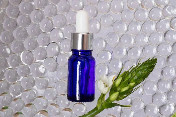 Mavi camdan yapılmış kozmetik şişesi, üst görünüm. Etraflarında şeffaf hidrojel topları. Çerçevesi beyaz çiçekli yeşil dallar..