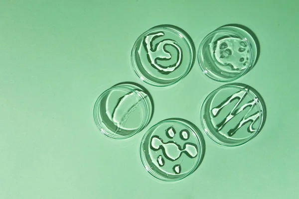 Top View Petri Dishes Smears Cosmetic Gel Green Background Cosmetics — Stock Photo, Image