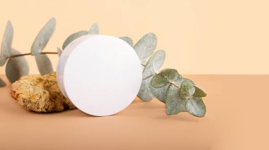 İzometrik pastel arka planda boş yuvarlak kozmetik kutusu. Ökaliptüs dalı ve dekoratif doğal taşlar arkasında. Metin veya tasarım için yeri olan pankart.