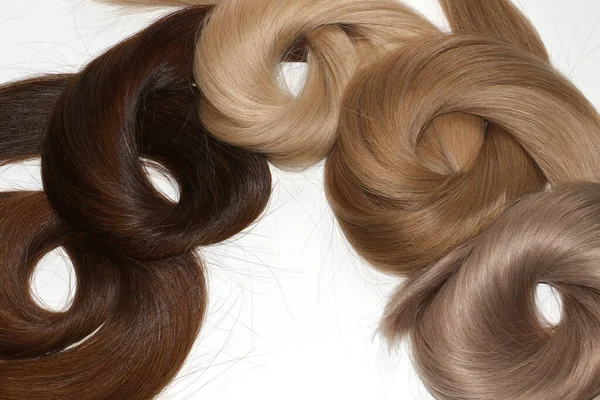 Hair samples for extension rolled up,different colors.White background.