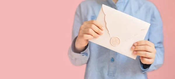 Anonymous Child Holding Certificate Gift Pink Background Large Banner Copy — Stok fotoğraf