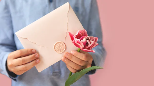 Closeup Photography Child Holding Hands Pink Certificate Gift Wax Seal — Stok fotoğraf