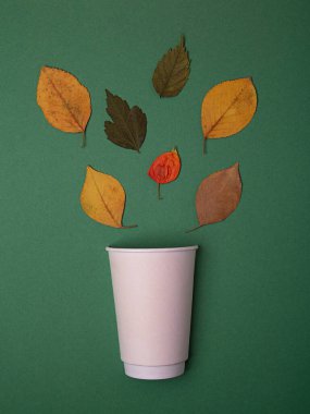 Conceptual photography from paper cup and dry leafs,looks like steam.Autumn concept.