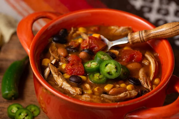 Tasty Bowl Spicy Chicken Taco Soup Fresh Jalapeno Peppers — Stock Photo, Image