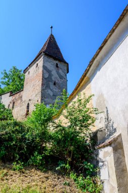 Romanya 'nın Transilvanya (Transilvanya) bölgesindeki Sighisoara kalesinin tarihi merkezinde güneşli bir yaz gününde büyük beyaz boyalı taş kule