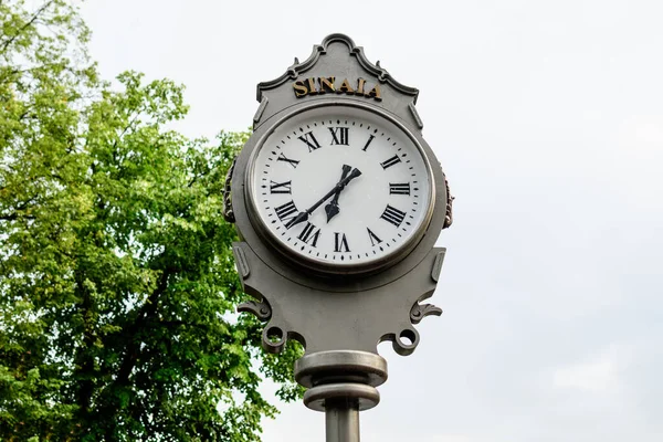 Vintage Stílusú Szürke Fémes Óra Felhős Felé Sinaia Parkban Romániában — Stock Fotó