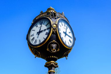 Romanya 'nın Bükreş kentindeki Kral I. Michael Parkı' nda (eski Herastrau) güneşli bir bahar gününde açık mavi gökyüzüne doğru klasik tarzda siyah ve gri metalik saat