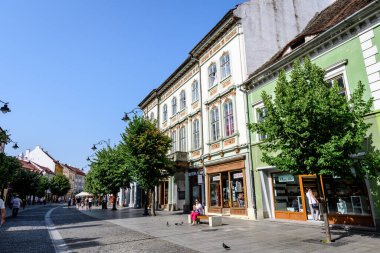 Sibiu, Romanya - 15 Temmuz 2021: Güneşli bir yaz gününde Transilvanya 'nın güney kesimindeki eski şehir merkezinde eski tarihi binalar, restoranlar, teraslar, barlar yenilendi
