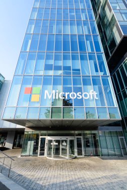 Bucharest, Romania - 6 November 2021: Microsoft headquarter and offices in City Gate Towers in the Northern part of the city in a sunny autumn day
