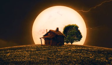 Cadılar bayramı manzarası Ay, ağaç ve fenerle