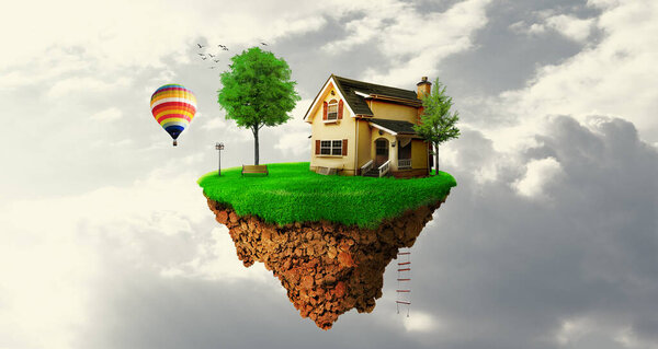 зеленый дом с деревом и книгой