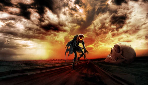 Cadılar Bayramı 'nın yüksek kaliteli duvar kağıdında tehlikeli kafatası olan korkunç balkabağı hayaleti..