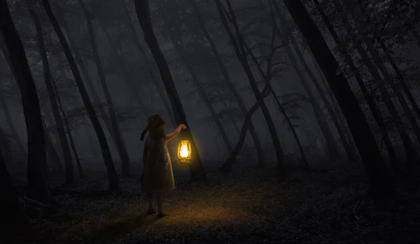 Gecenin içinde yürüyen küçük bir kızın silüeti..