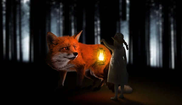 Маленькая Девочка Лампой Fox Смотреть Свет Лампы Высокое Качество Дизайна — стоковое фото