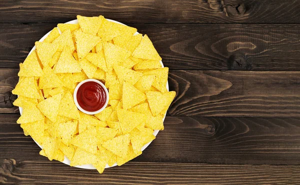 Tortilla Nacho Con Salsa Para Aperitivo Chips Maíz Nacho Mexicano — Foto de Stock