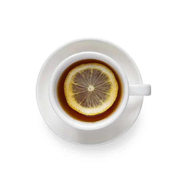 Cup Tea Slice Lemon Isolated White Background Top View Close — Stok Foto