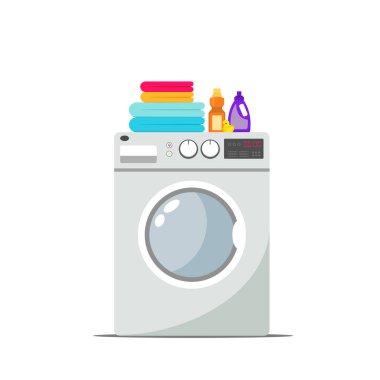 Çamaşır makinesi, sabun ve plastik ördekle birlikte. Düz biçim illüstrasyonu