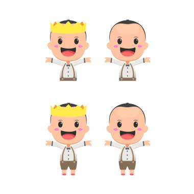 Küçük çocuk iki elini de kaldırır ve beyaz arka planda izole edilmiş vektör çizimi yapar. Chibi karakter çizimi