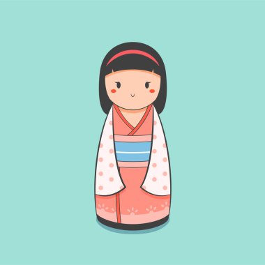 Açık arkaplanda pembe kimonolu şirin bir Kokeshi bebeği.