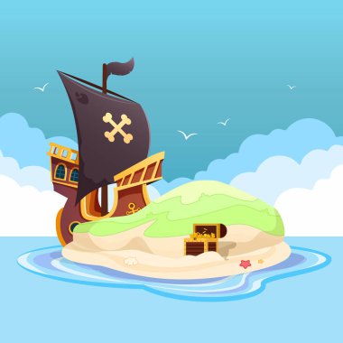 Vector cartoon illustration of sea landscape with wooden ship with skull on black sails. Treasure chest on small island beach