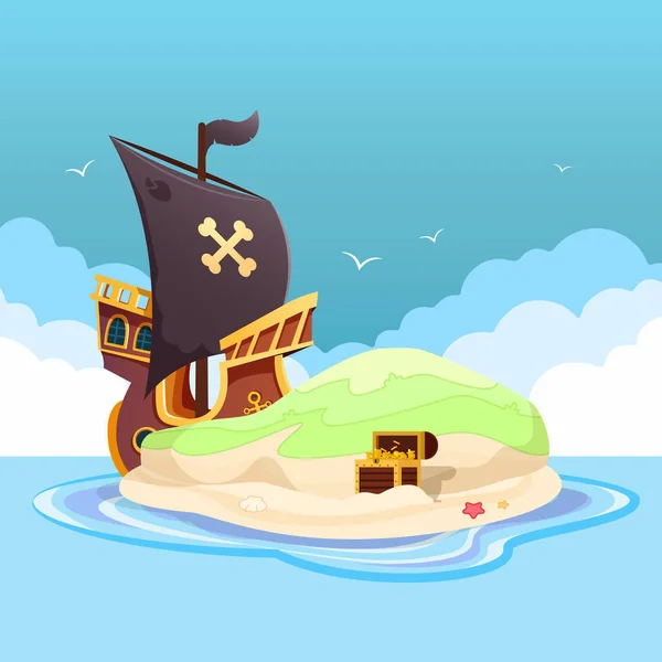 Vector Cartoon Illustration Sea Landscape Wooden Ship Skull Black Sails — 图库矢量图片