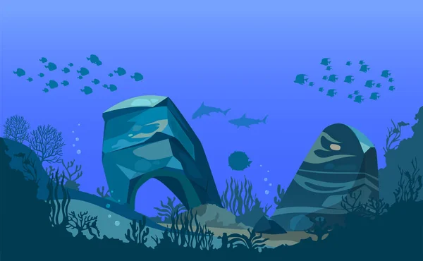 Vector illustration of underwater ocean fauna with coral reef, seaweed, algae, mantas, plants, fishes. Silhouette ocean bottom.