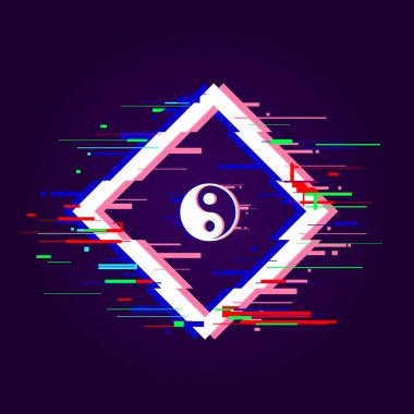 Yin yang web sitesi. Arıza efekti pankartı. Yin yang işaretli kare dinamik çerçeve tasarımı