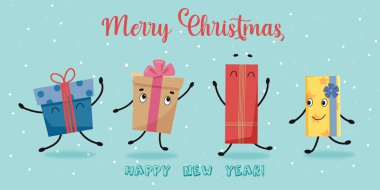 Mutlu Noeller afiş şablonu, çizgi film hediye kutularıyla vektör illüstrasyonu. Beyaz izole edilmiş arkaplanda yeni yıl illüstrasyonu