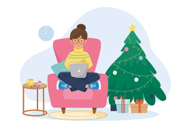 크리스마스 소녀들은 집에서 성가대 나무로 장식된 선물들을 온라인에서 쇼핑하고 크리스마스 — 스톡 벡터
